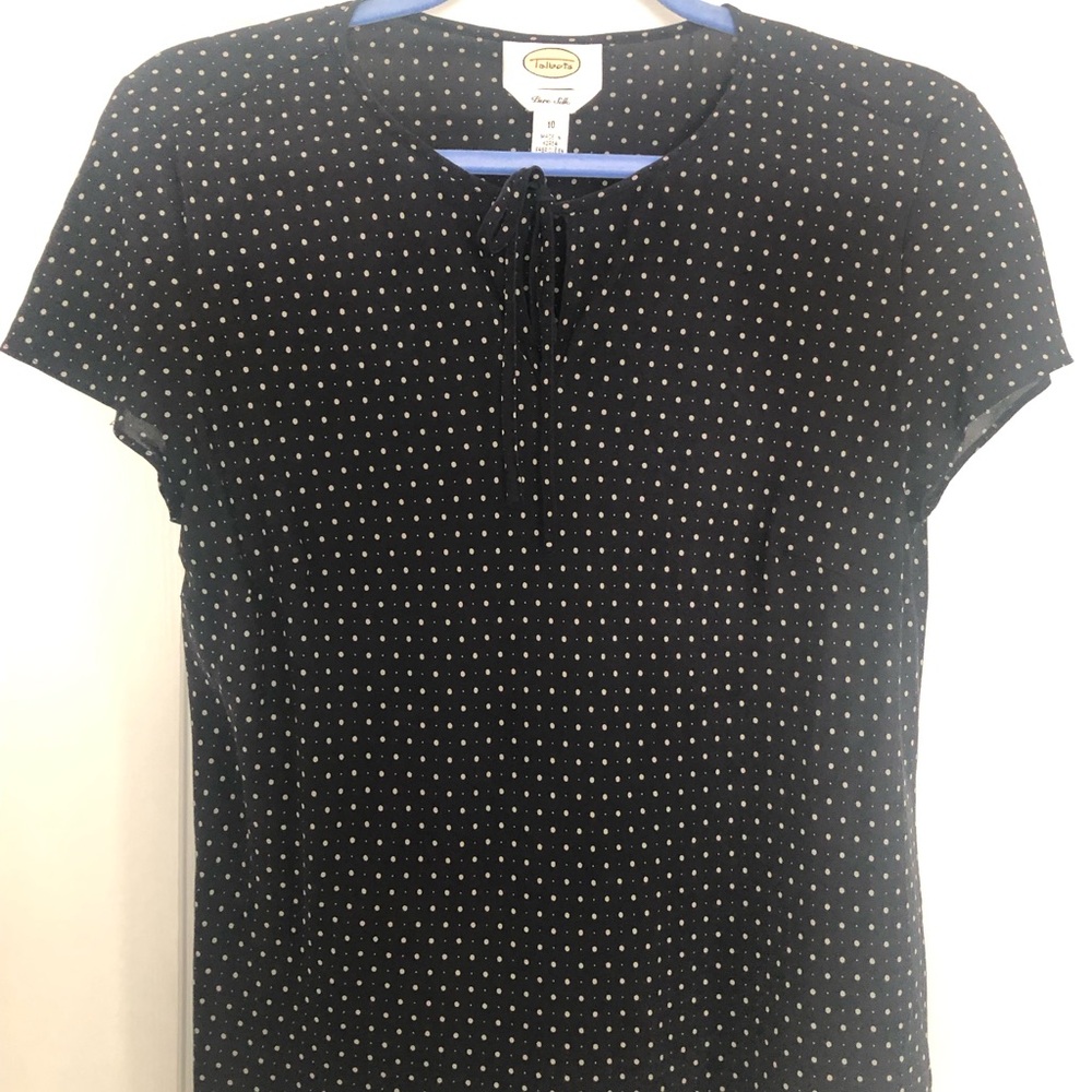 Talbots Vintage Black and Tan Polka Dot Short Sleeve Tie-Neck Blouse